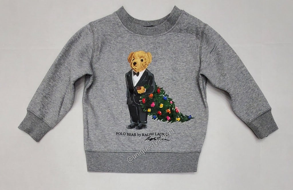 Nwt Polo Ralph Lauren Grey Tuxedo Christmas Tree Bear Boys Sweatshirt (2T-7T)