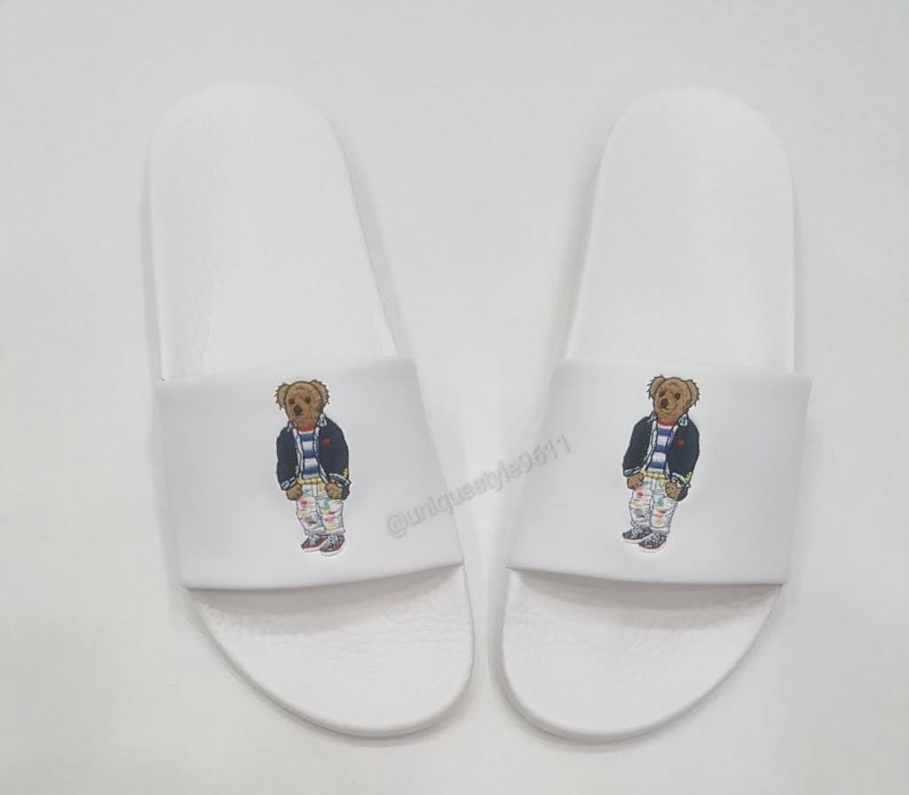Nwt Polo Ralph Lauren White Splatter Teddy Bear Slides