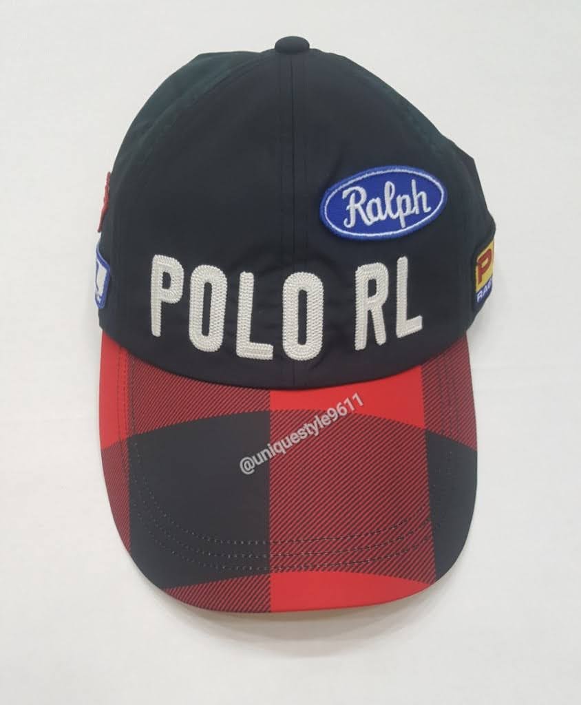 Nwt Polo Ralph Lauren Black/Plaid Racing Embroidered/Patches Adjustable Strap Back Hat