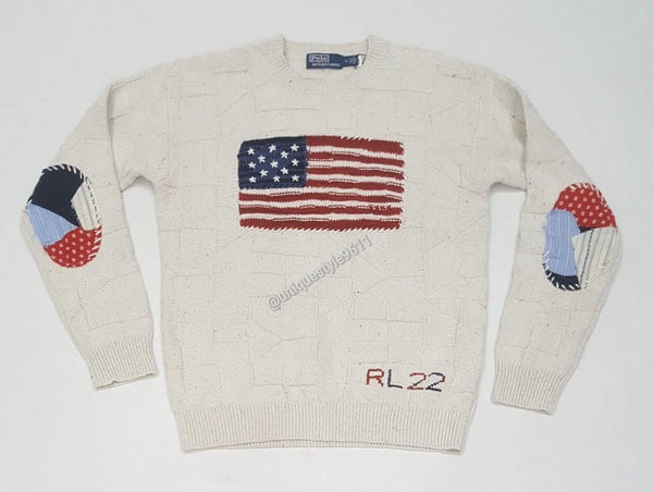 Nwt Polo Ralph Lauren Beig American Flag Patchwork RL22 Sweater - Unique Style