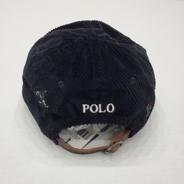 Nwt Polo Ralph Lauren Black Corduroy Allover Embroidered Skier Leather Strap Hat - Unique Style