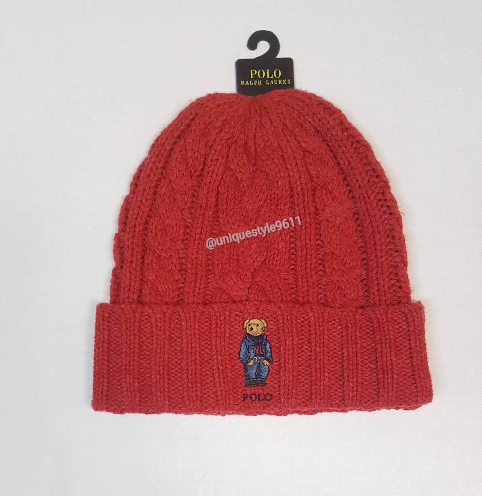 Nwt Polo Ralph Lauren Red Teddy Bear Jean Jacket Cable Knit Skully