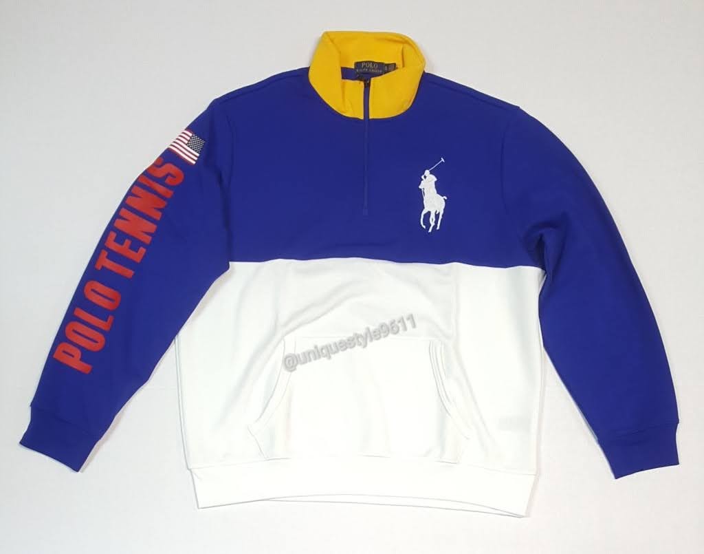 Nwt Polo Ralph Lauren White/Royal Polo Tennis Big Pony American Flag Half Zip Sweatshirt