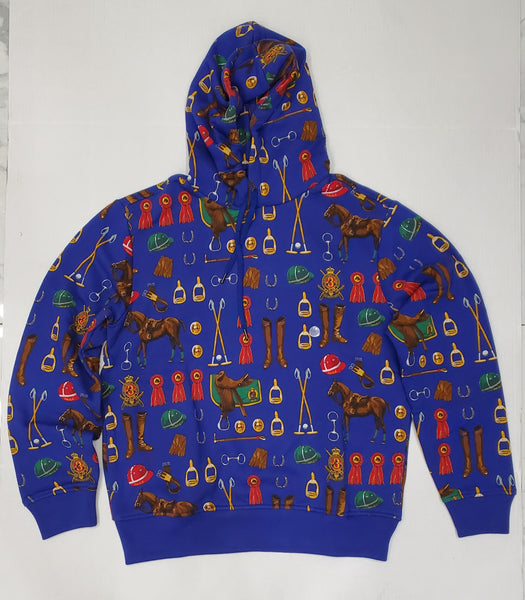 Nwt Polo Ralph Lauren Royal Blue Allover Equestrian Print Fleece Hoodie - Unique Style