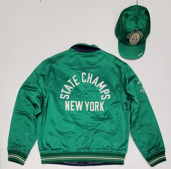 Nwt Polo Ralph Lauren Reversible Green Satin New York State Champs /Navy Corduroy P Patch 67 Jacket - Unique Style