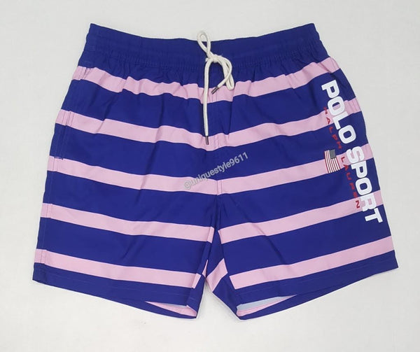 Nwt Polo Ralph Lauren Royal Pink Striped Polo Sport Swim Trunks - Unique Style