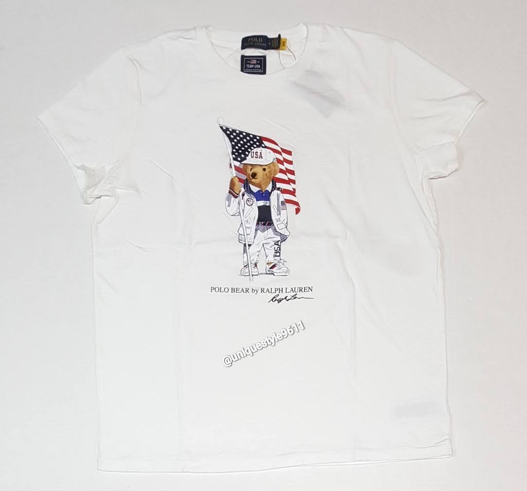 Nwt Polo Ralph Lauren Women's White American Flag Olympic Teddy Bear Tee