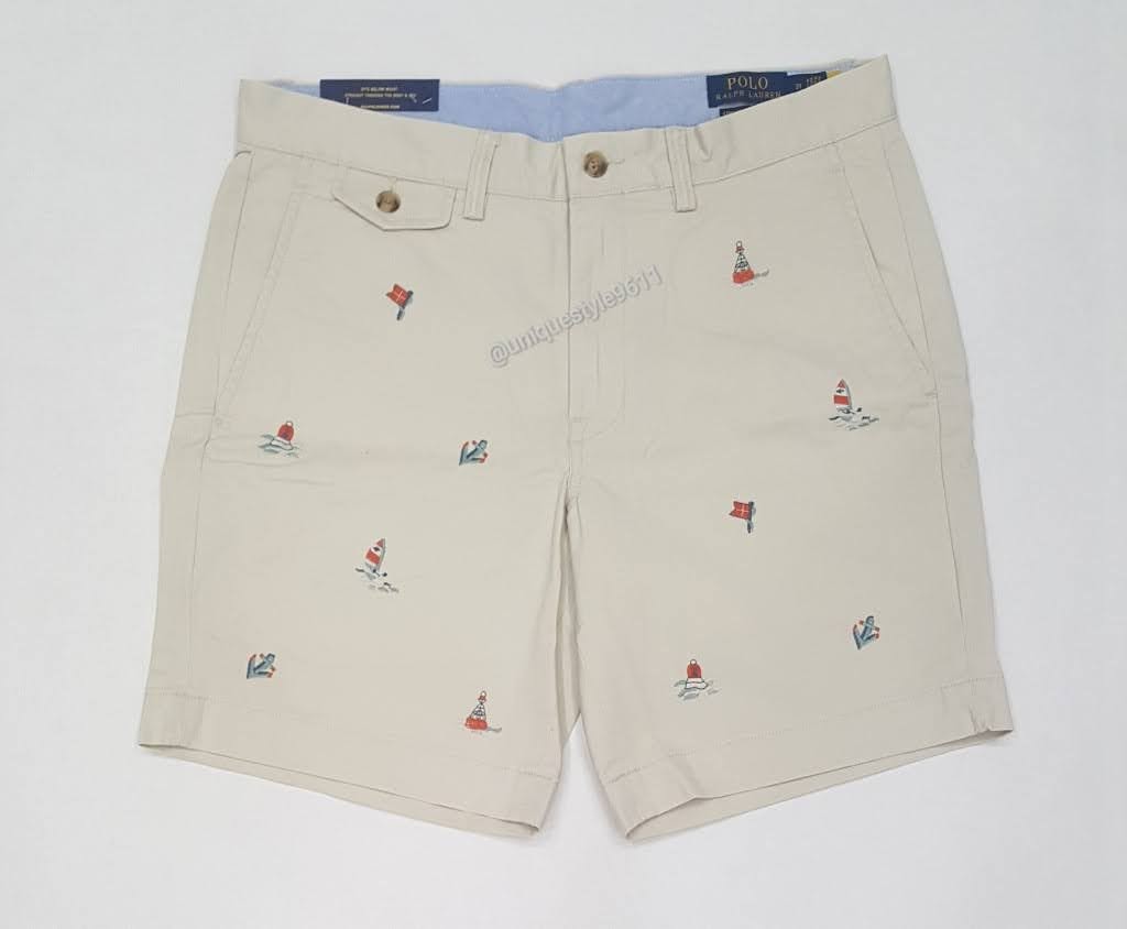 Nwt Polo Ralph Lauren Khaki Allover Sailing Embroidered Stretch Straight Fit Shorts