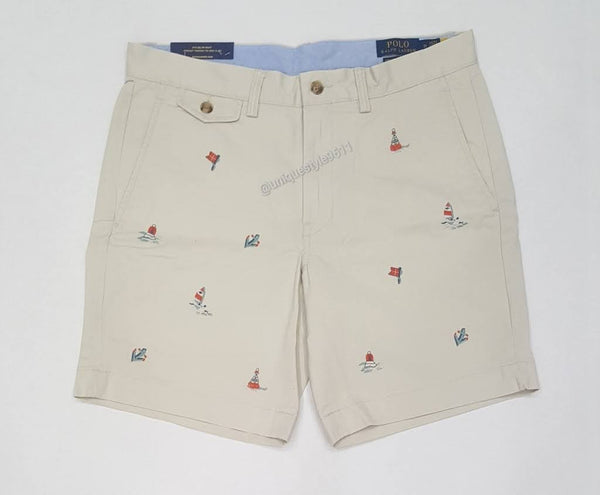 Nwt Polo Ralph Lauren Khaki Allover Sailing Embroidered Stretch Straight Fit Shorts | Style