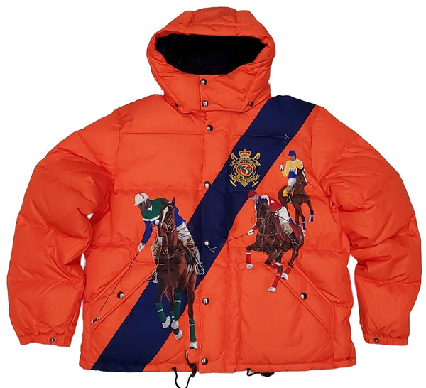 Nwt Polo Ralph Lauren Orange Equestrian Horse Graphic Print Crest Down Jacket - Unique Style