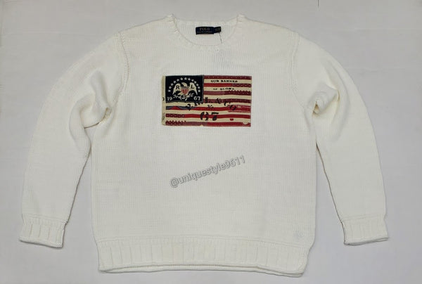 Nwt Polo Ralph Lauren White American Flag Eagle Cotton Sweater - Unique Style