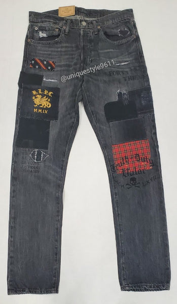 Polo Ralph Lauren Mens Sullivan Slim Graffiti Patch Denim Jeans Black 36X30  NWT