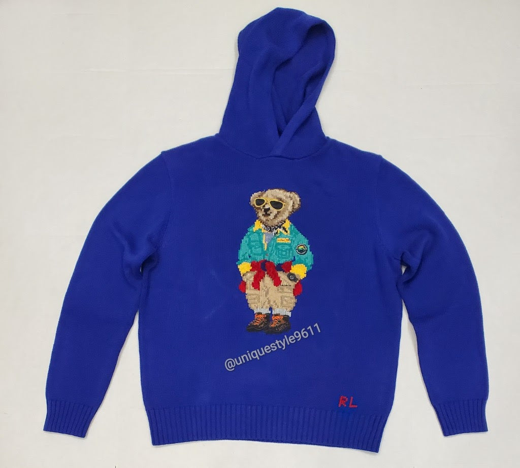 Nwt Polo Ralph Lauren Royal Blue Outdoorsman Teddy Bear Hooded Sweater u