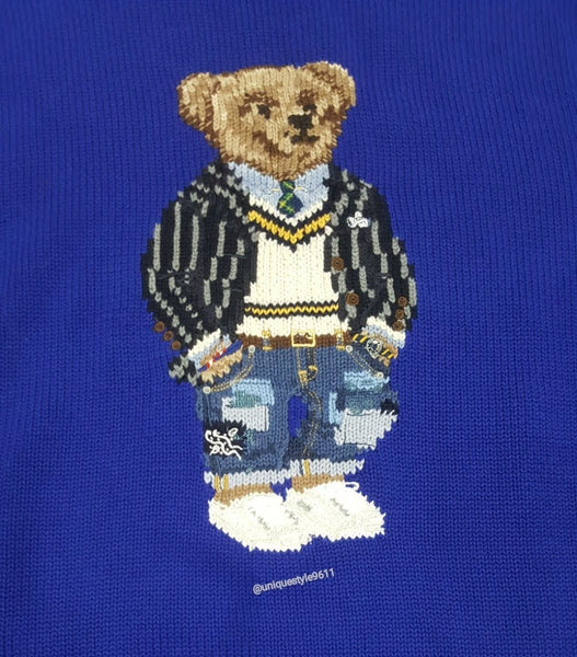 Nwt Polo Ralph Lauren Royal Blue Cardigan Vest Teddy Bear Sweater - Unique Style