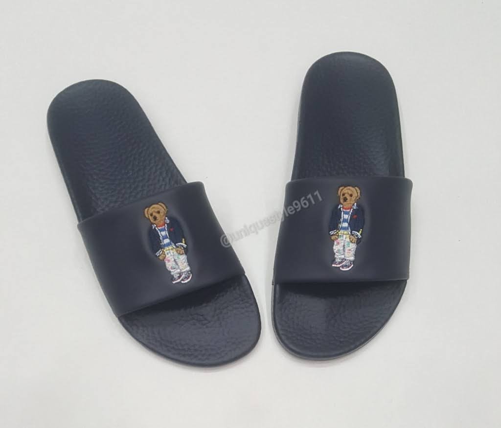 Nwt Polo Ralph Lauren Navy Splatter Teddy Bear Slides