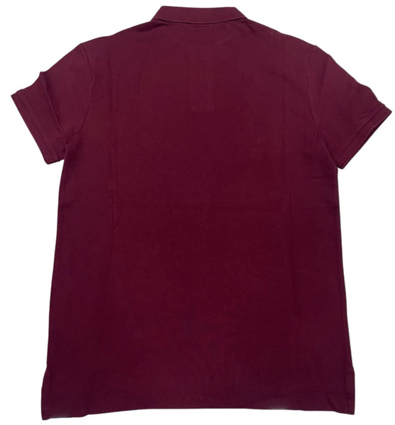 Polo Ralph Lauren burgundy slim fit polo shirt with gold embroidered big pony crest and crest detail on chest.