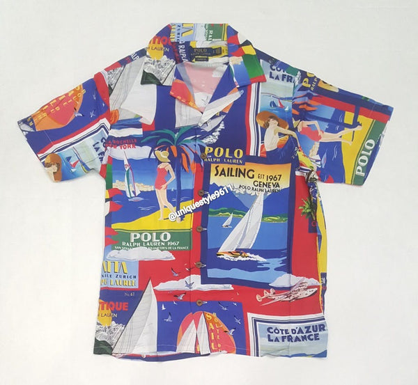 Nwt Polo Ralph Lauren Allover Poster Classic Fit S/S Button Up - Unique Style
