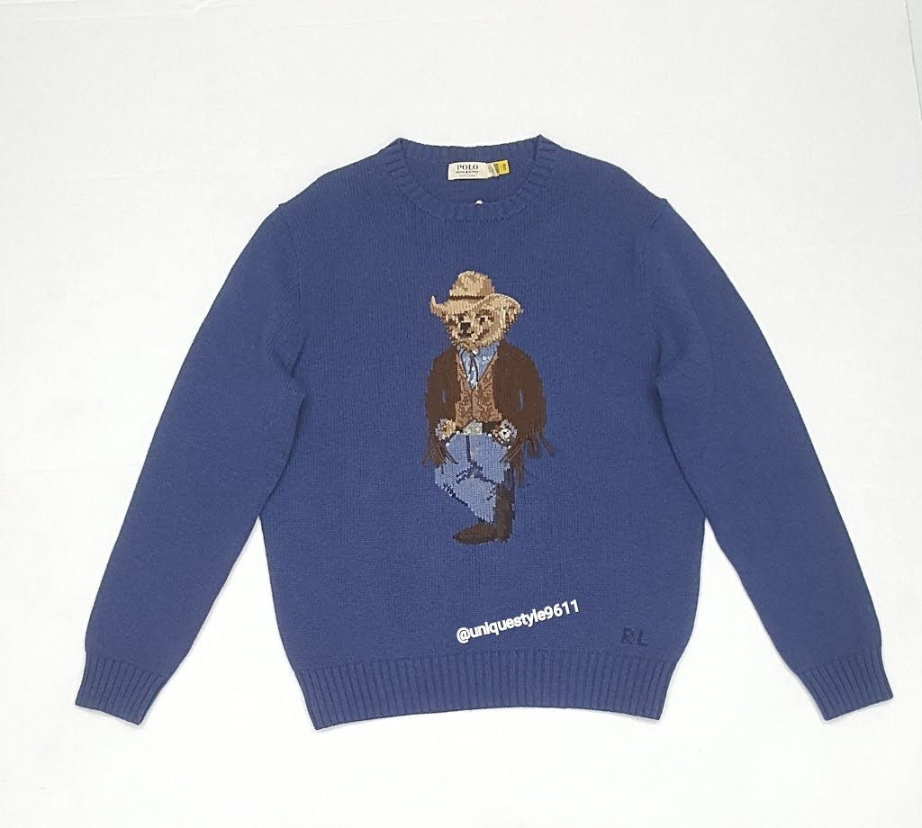 Nwt Polo Ralph Lauren Blue Cowboy Teddy Bear Sweater u