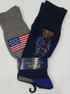 Nwt Polo Ralph Lauren 2 Pack Navy American Teddy Bear With Grey American Flag Socks - Unique Style