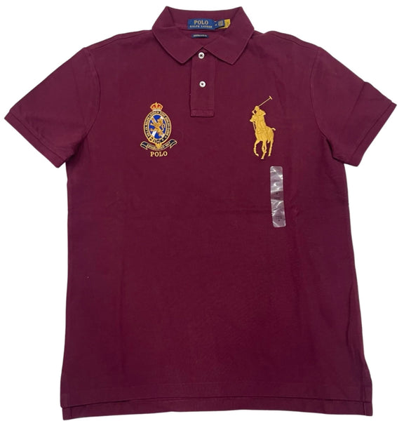 Burgundy Polo Ralph Lauren slim fit polo shirt with gold embroidered Big Pony crest and custom details.