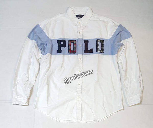 White Polo Ralph Lauren long sleeve button-up shirt with spellout logo, classic fit, and collar detailing.