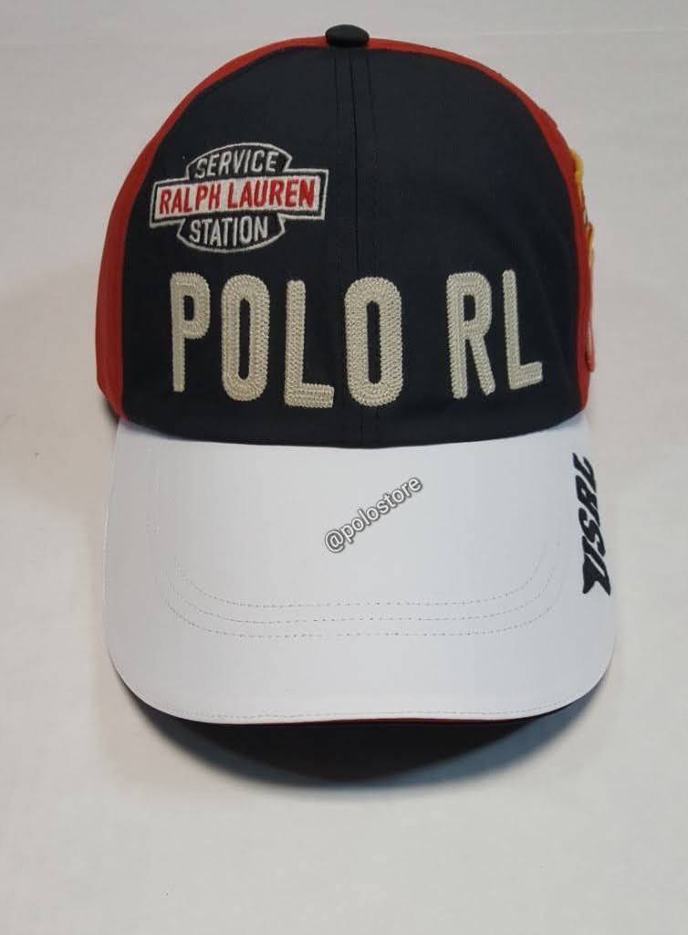 Nwt Polo Ralph Lauren Black/Red/White Racing Embroidered/Patches Long Bill Adjustable Strap Back Hat