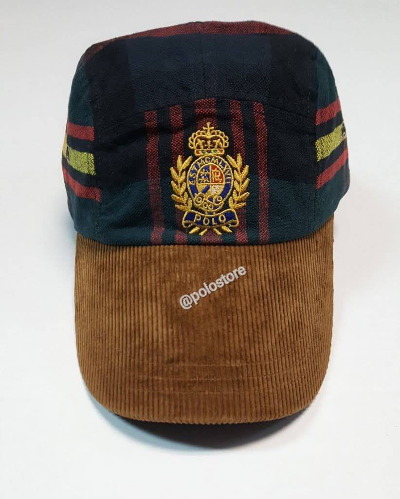 Nwt Polo Ralph Lauren Plaid 5 Panel Crest Adjustable Leather Strap Back Hat