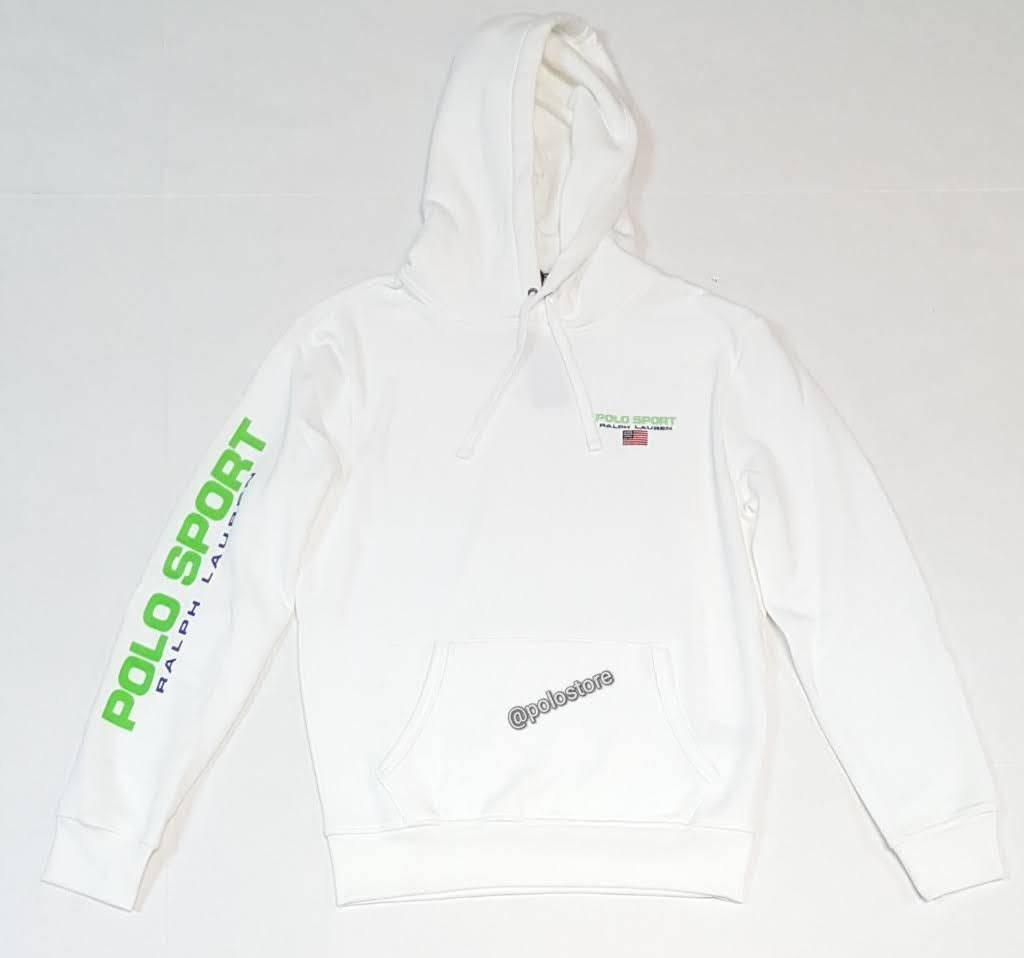 Nwt Polo Ralph Lauren White/Neon Polo Sport Written On Arm Pullover Hoodie