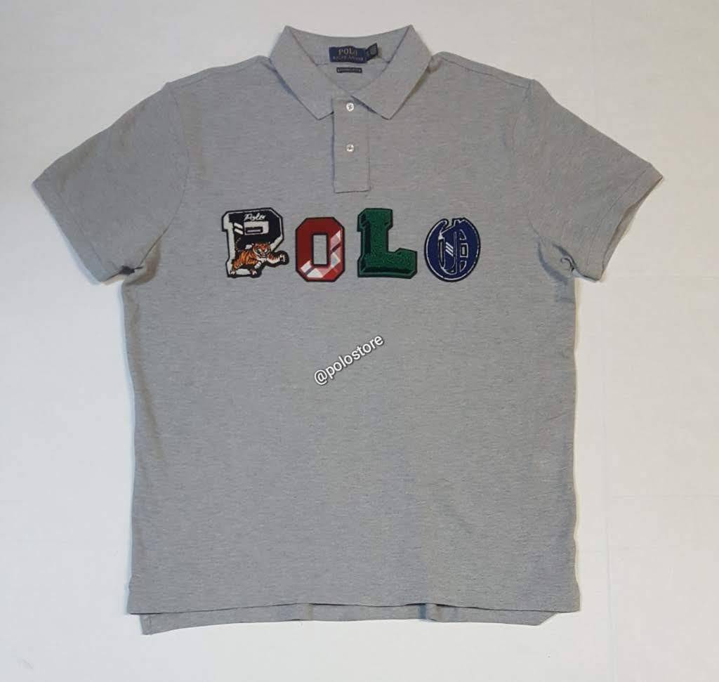 Nwt Polo Ralph Lauren Grey Polo Patch Spellout Custom Slim Fit Polo