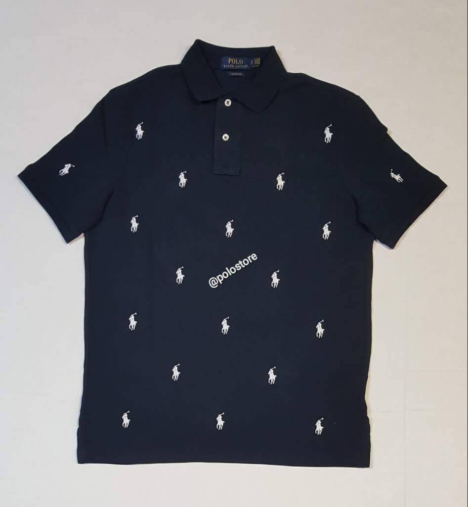 Nwt Polo Ralph Lauren Navy Allover Small Pony Embroidered Classic Fit Polo