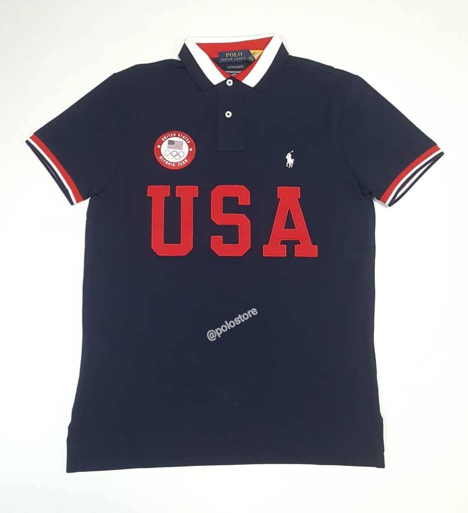 Nwt Polo Ralph Lauren Navy USA Patch Olympics 2021 Custom Slim Fit Polo