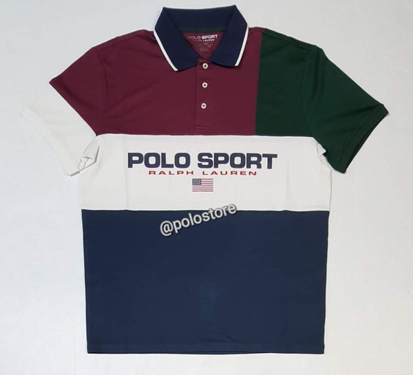 Nwt Polo Sport Navy/Burgundy/White/Green Spellout Performance Polo - Unique Style