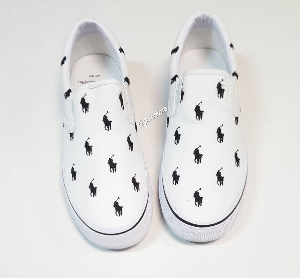 Nwt Polo Ralph Lauren White/Black Allover Pony Slip On Sneakers