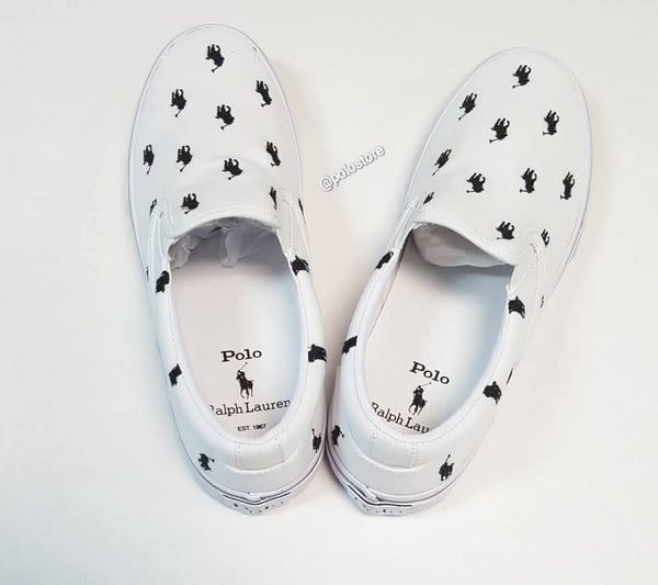 Nwt Polo Ralph Lauren White/Black Allover Pony Slip On Sneakers - Unique Style