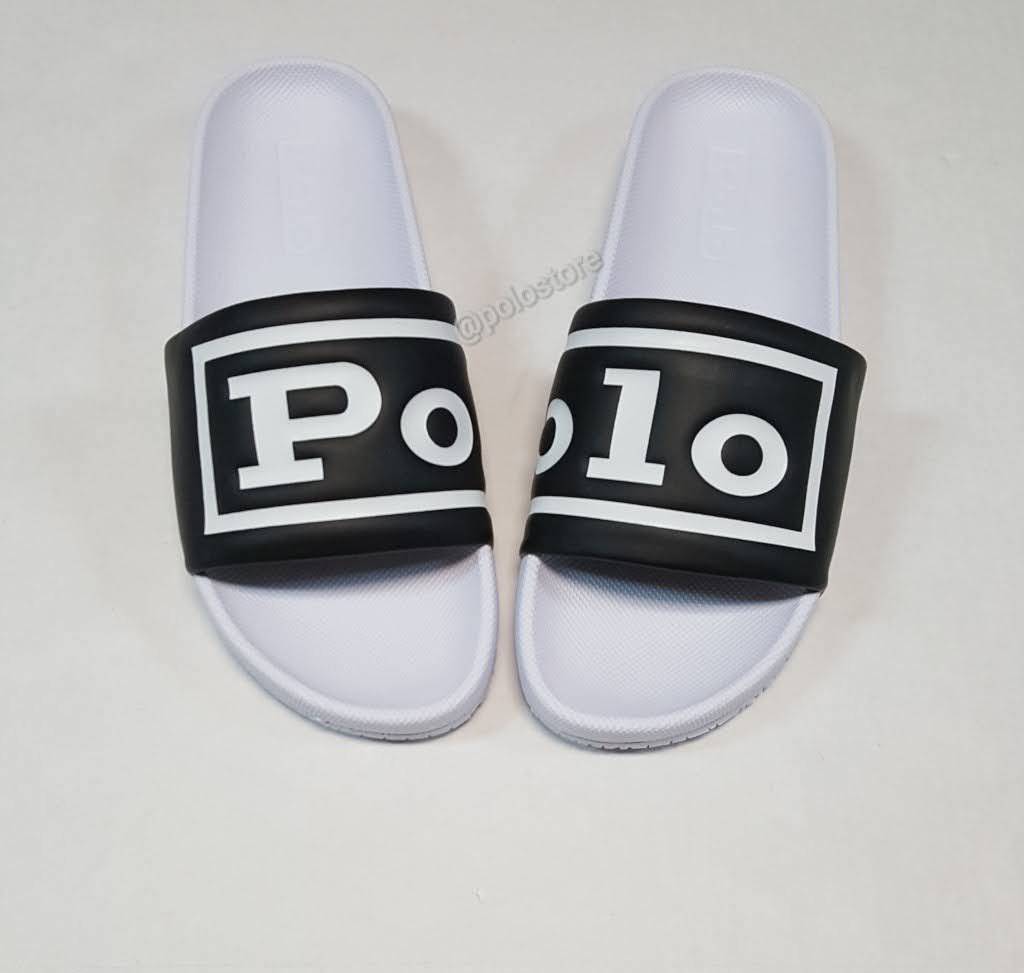 Nwt Polo Ralph Lauren White Black Spellout Slides