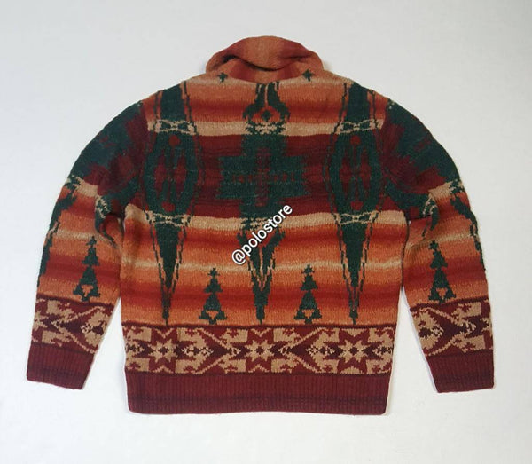NWT Polo Ralph Lauren Aztec Shawl Neck Sweater, cozy knit sweater with shawl collar and Aztec pattern in neutral tones.