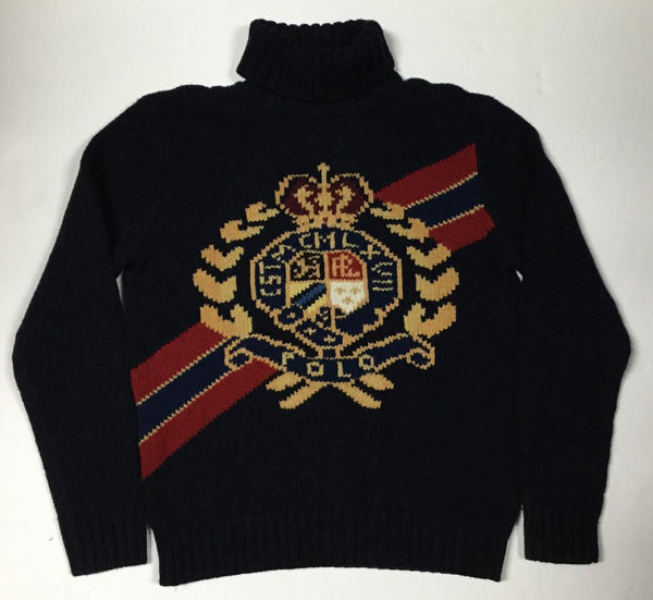 Nwt Polo Ralph Lauren Navy Blue Crest Turtle Neck Wool Sweater - Unique Style