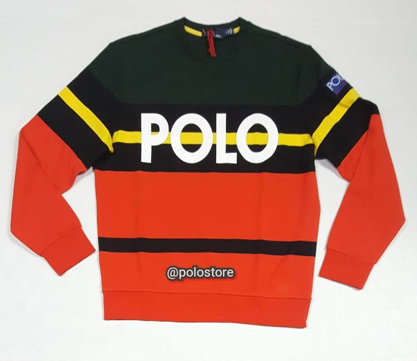 NWT Polo Ralph Lauren orange spellout crew neck sweater, classic fit, knit fabric, long sleeves, and ribbed cuffs.