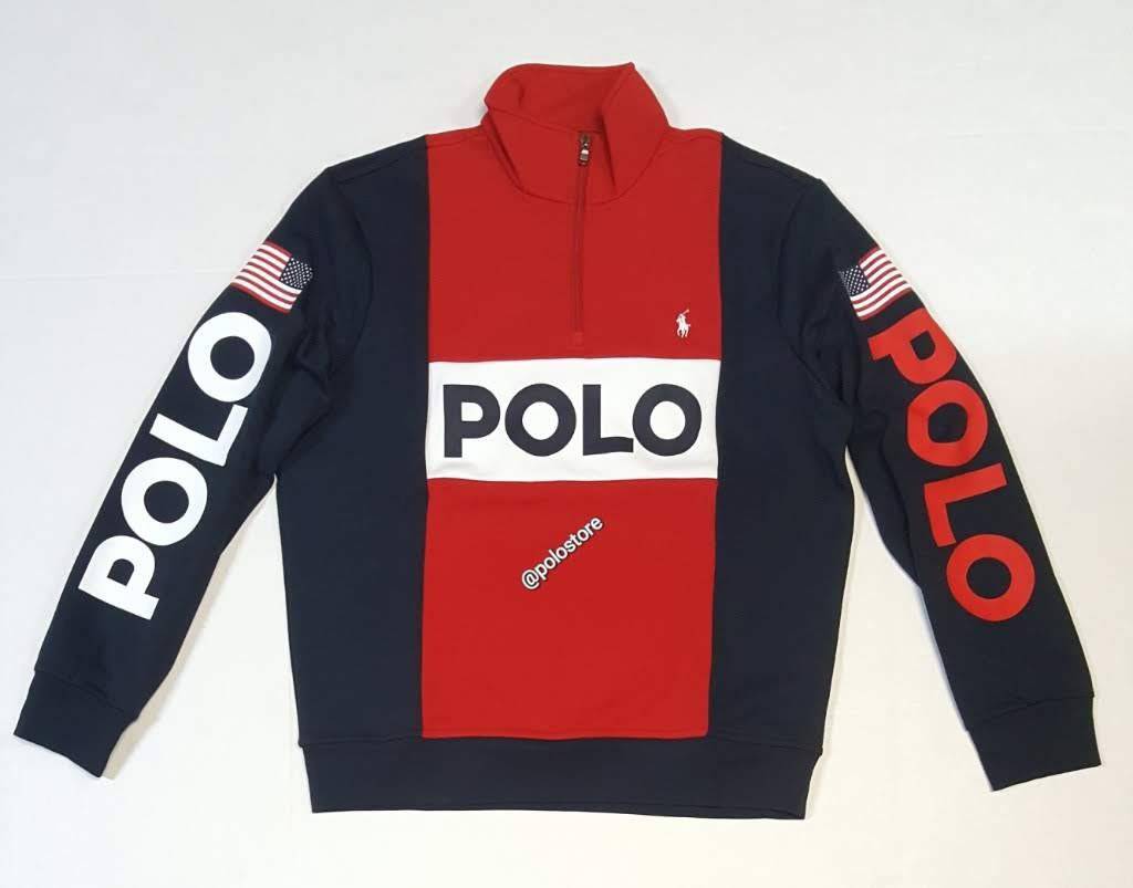 Nwt Polo Ralph Lauren Red/Navy Polo Spellout Half Zip Sweatshirt