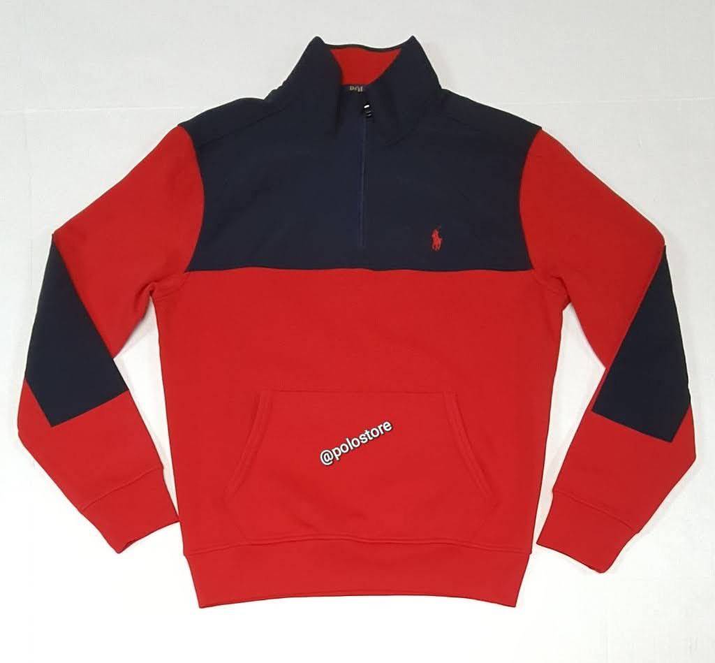 Nwt Polo Ralph Lauren Red/Navy Small Pony Half Zip Pocket Sweatshirt