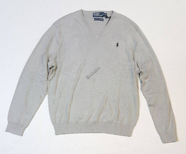 POLO RALPH LAUREN LIGHT GREY COTTON V-NECK SWEATER - Unique Style