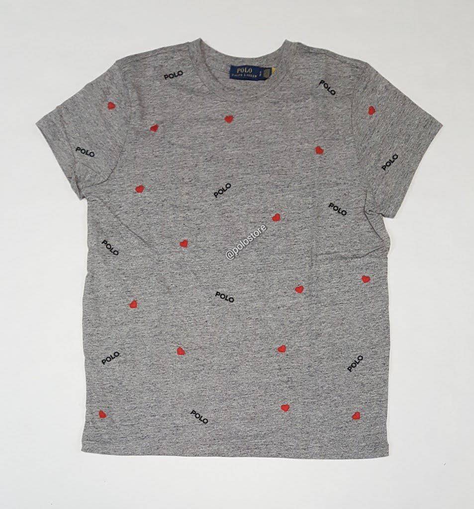 Nwt Polo Ralph Lauren Women's Grey Polo Heart Allover Written Short Sleeve Tee