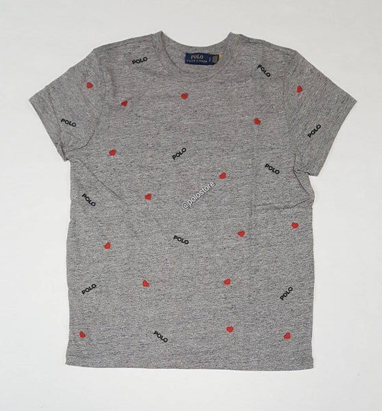 Nwt Polo Ralph Lauren Women's Grey Polo Heart Allover Written Short Sleeve Tee - Unique Style