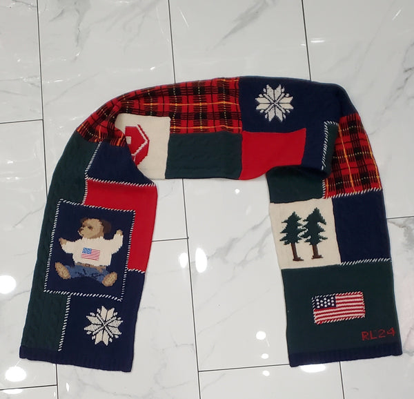 Nwt Polo Ralph Lauren  Navy Multi Patchwork Wool Blend Scarf