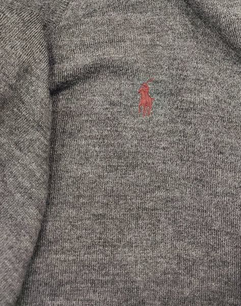 Polo Ralph Lauren Grey w/Burgundy Horse V-Neck Wool Sweater - Unique Style
