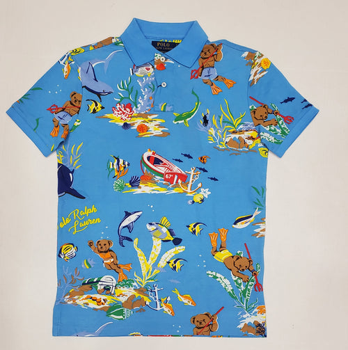 Nwt Polo Ralph Lauren Allover Bear Ocean Print Custom Slim Fit Polo