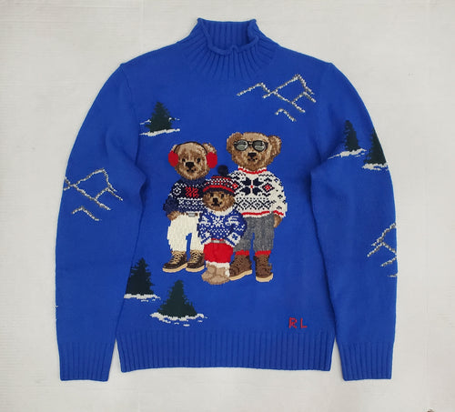 Nwt Polo Ralph Lauren Royal Blue Family Bear Mockneck Wool Sweater