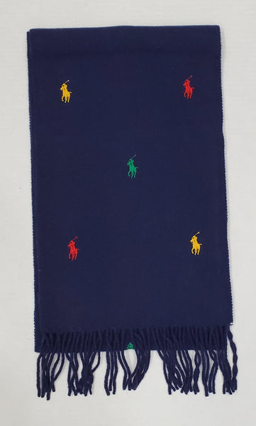 Nwt Polo Ralph Lauren Navy Allover Pony Embroidered Wool Scarf