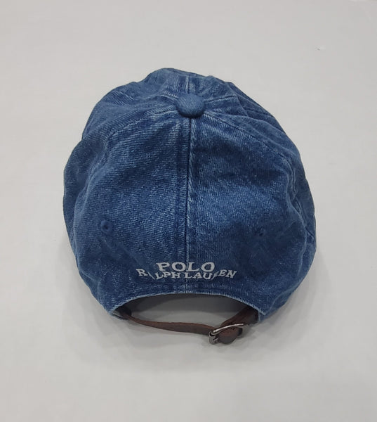 Nwt Polo Ralph Lauren Denim With Teddy Bear Wearing White Sweater Adjustable Leather Strap Hat