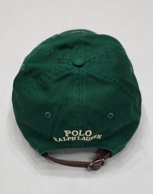 Nwt Polo Ralph Lauren Green With Teddy Bear Wearing White Sweater Adjustable Leather Strap Hat